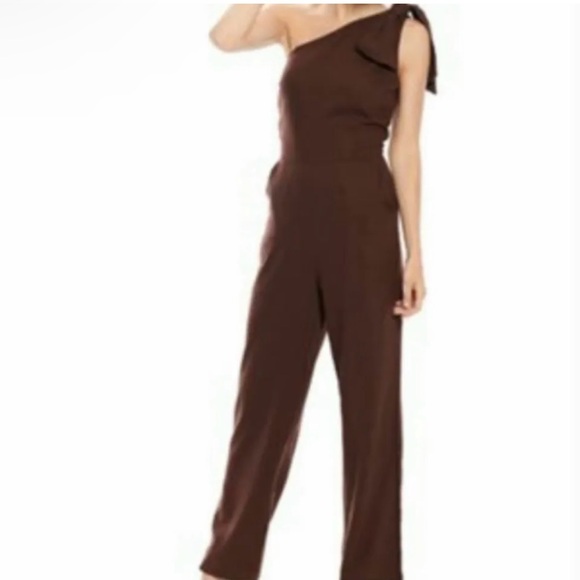 Brown  Linen One Shoulder Happy Nature Jumpsuit - Picture 1 of 2